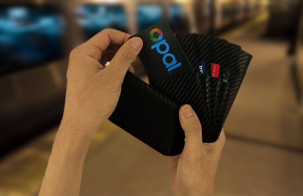 Using the Carbon Fiber Fanning Wallet in a train station