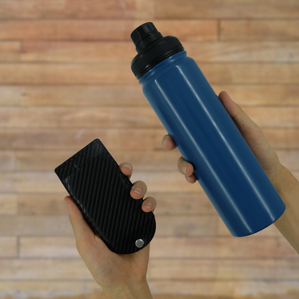 Carbon Fiber Fanning Wallet compared with a drink bottle